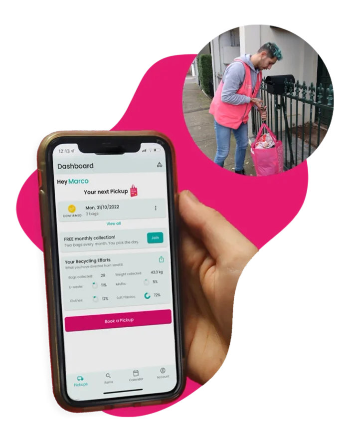 A phone showing the ReSmart app beside a driver collecting a recycling bag