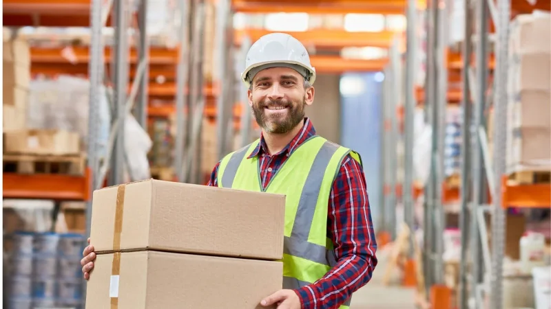 Smiling warehouse worker in a hard hat carrying cardboard boxes
