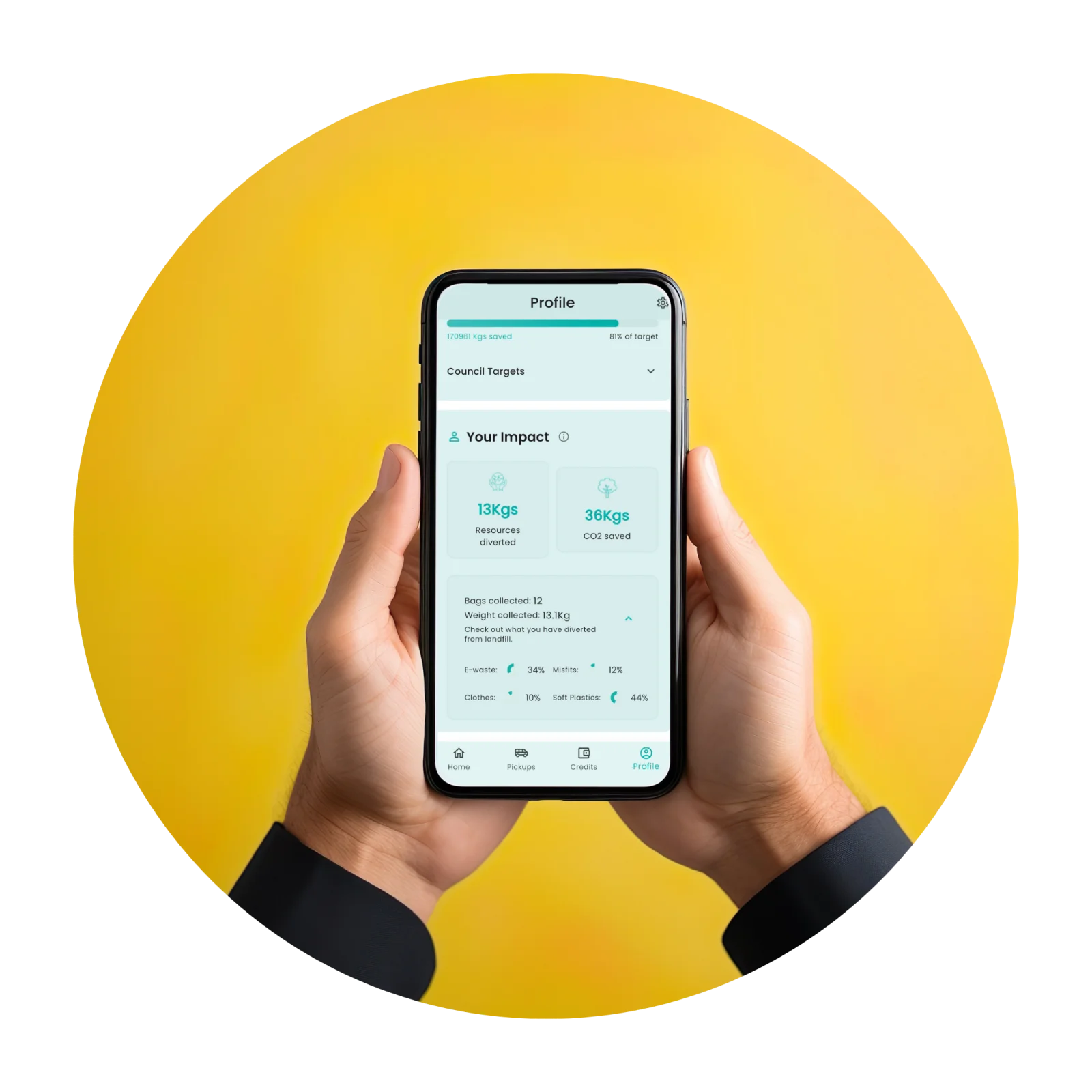 Person holding a smartphone displaying an environmental impact tracking app, with a yellow background.