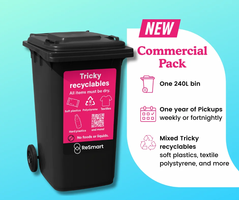 An advertisement for a new commercial recycling pack featuring a 240L bin for mixed recyclable materials like plastics, textiles, and polystyrene, with weekly or fortnightly pickups for one year.