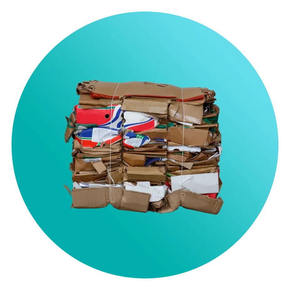 A compact stack of crushed cardboard and paper tied with white string against a turquoise background.