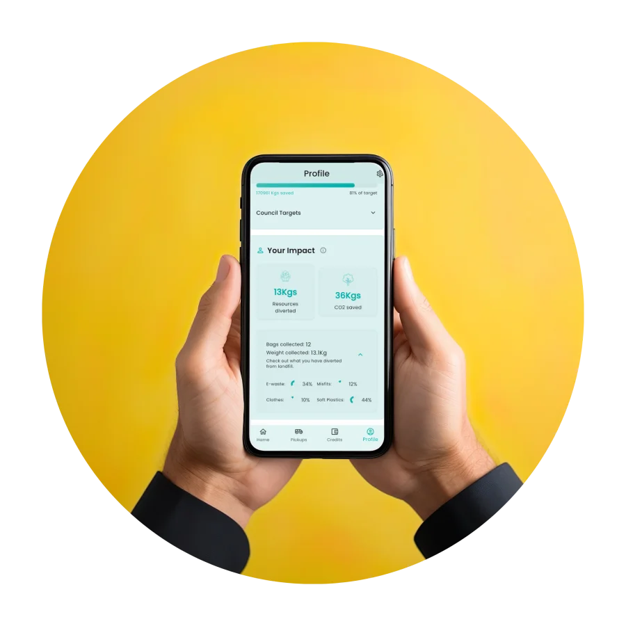 Hands holding a phone showing the ReSmart app impact screen on a yellow background