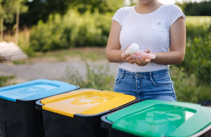Person holding a recyclable item near three recycling bins with coloured lids