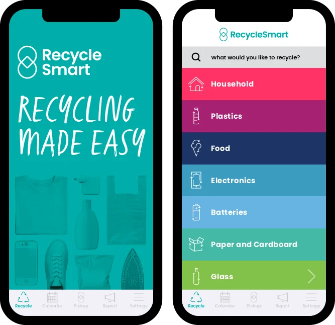 Two phones showing the app’s home screen and recycling categories