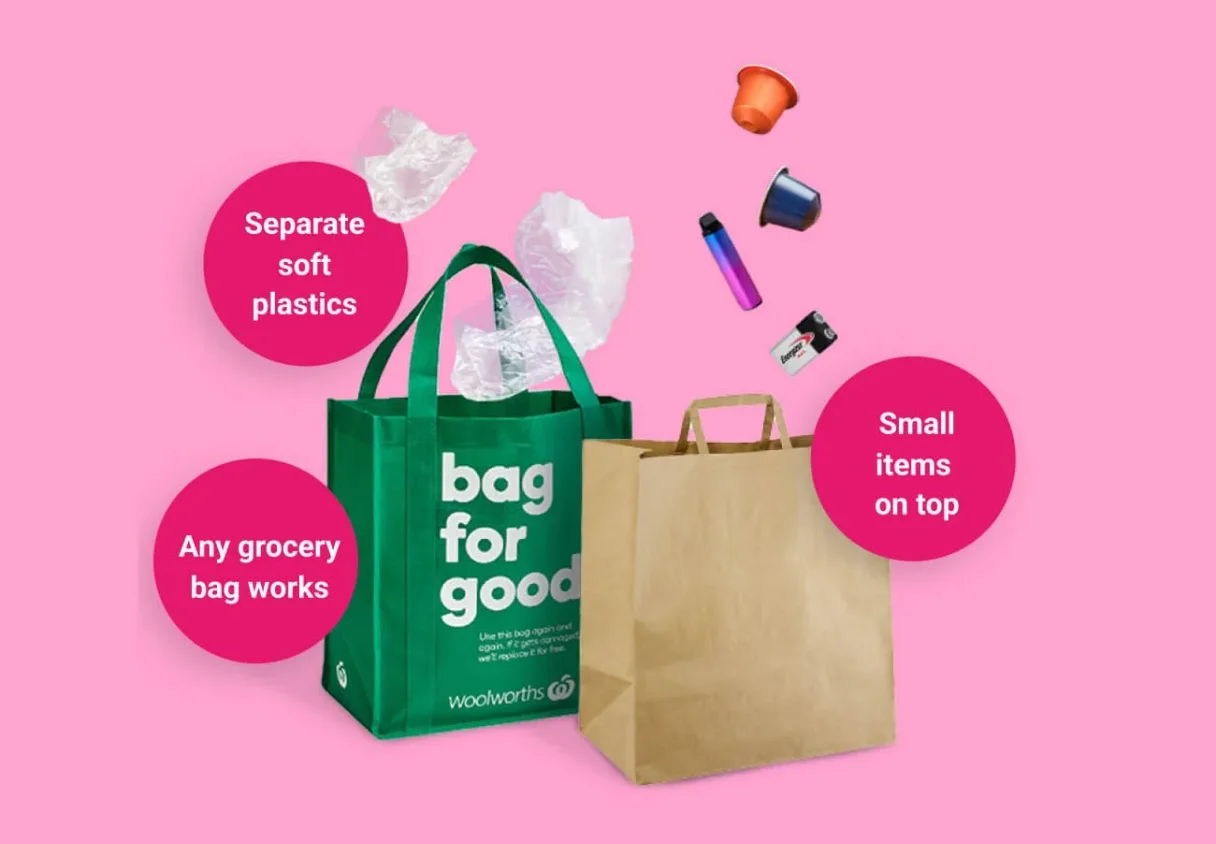 Two paper shopping bags on a pink background with trash items including soft plastics, small items, and trash on top, with annotations explaining separation of plastics and grocery bag usage.