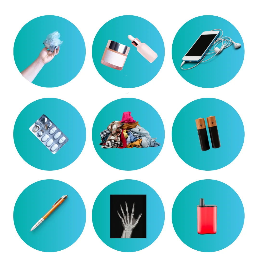 Soft plastics, beauty products, phones, blister packs, clothes, batteries, pens, X-rays and vapes