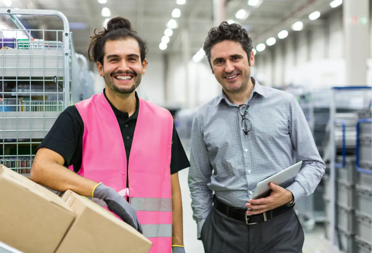 Two smiling ReSmart staff in a warehouse, one in a pink hi-vis vest