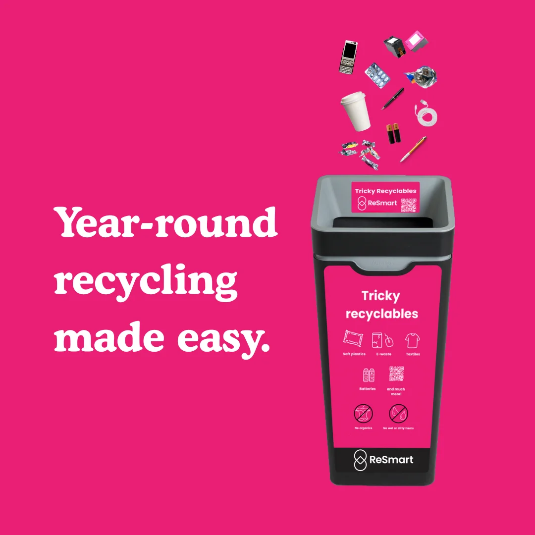 Year-round recycling made easy: ReSmart tricky recyclables bin with items falling in