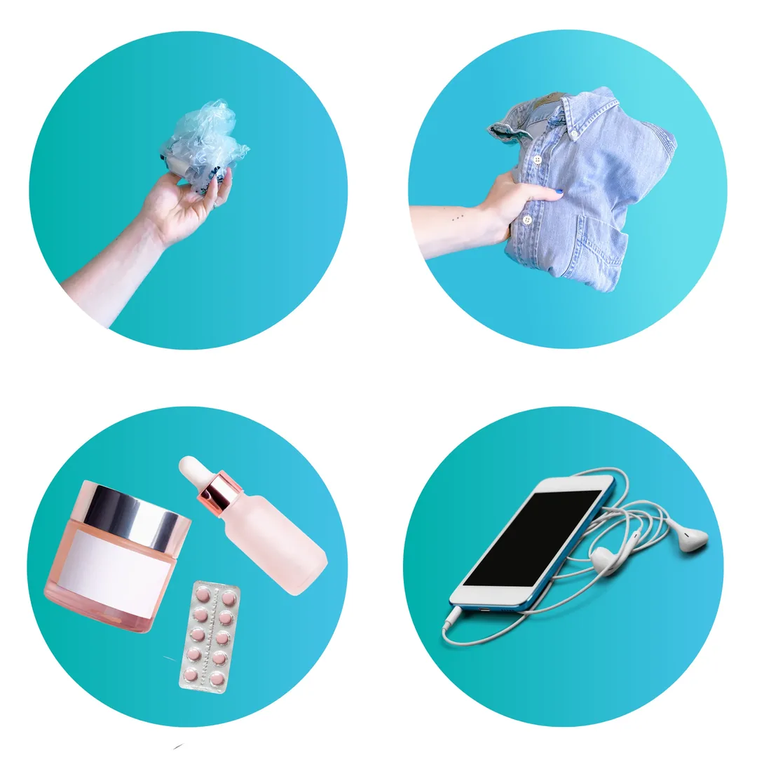 Soft plastics, clothes, beauty products, blister packs and a phone held in circles