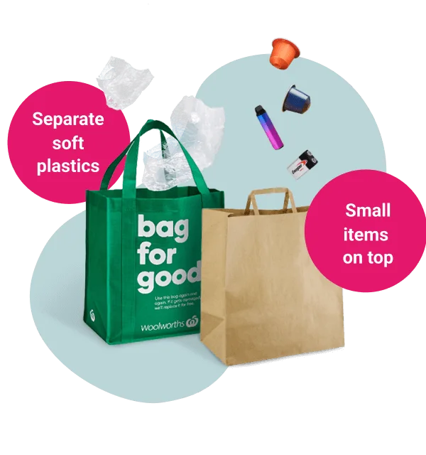 Shopping bags with soft plastics kept separate and small items on top