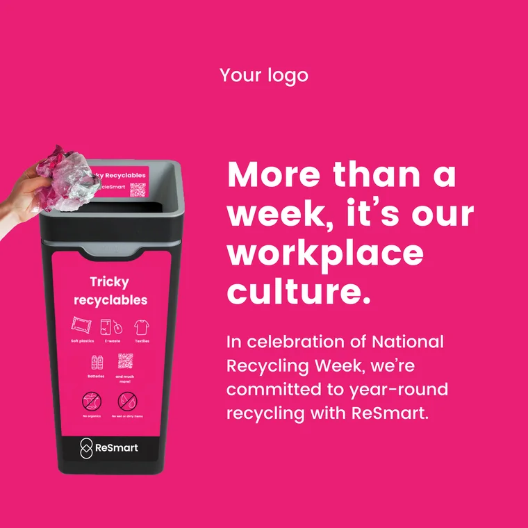 Pink National Recycling Week tile with a ‘Tricky recyclables’ bin and space for your logo