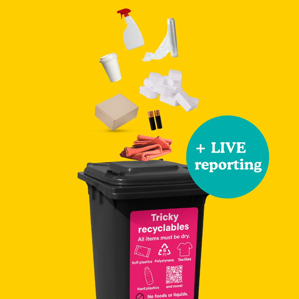 Black recycling bin with a pink label and recyclables flying in, on yellow, with + LIVE reporting