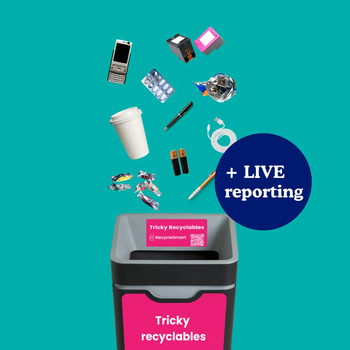 Tricky recyclables bin with a phone, batteries, coffee cup and wrappers flying in, on teal, with + LIVE reporting