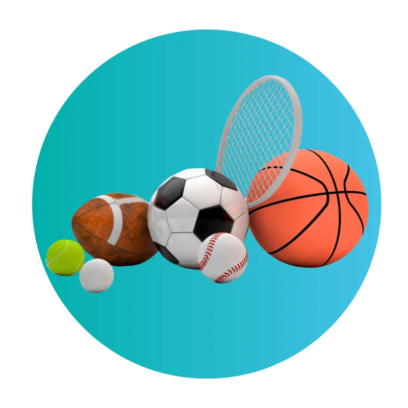 Tennis racket with a basketball, soccer ball and football