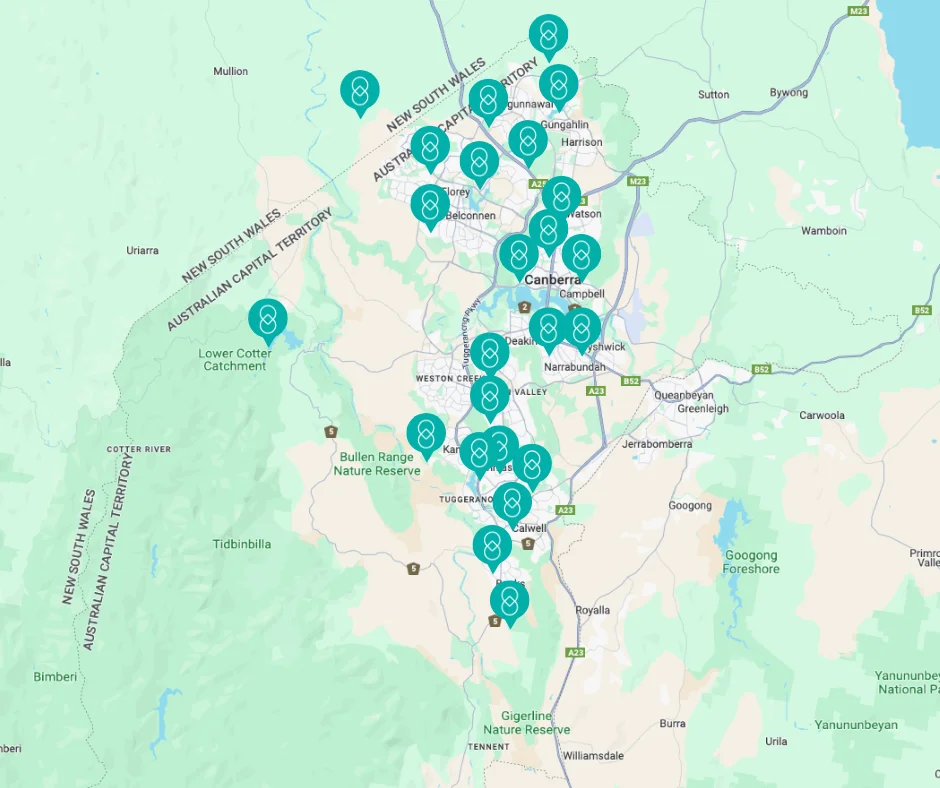 Map of Canberra with pickup location markers