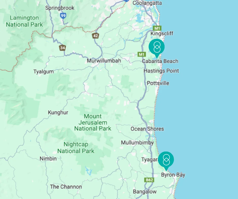 Map of the NSW north coast with markers near Byron Bay and Coolangatta