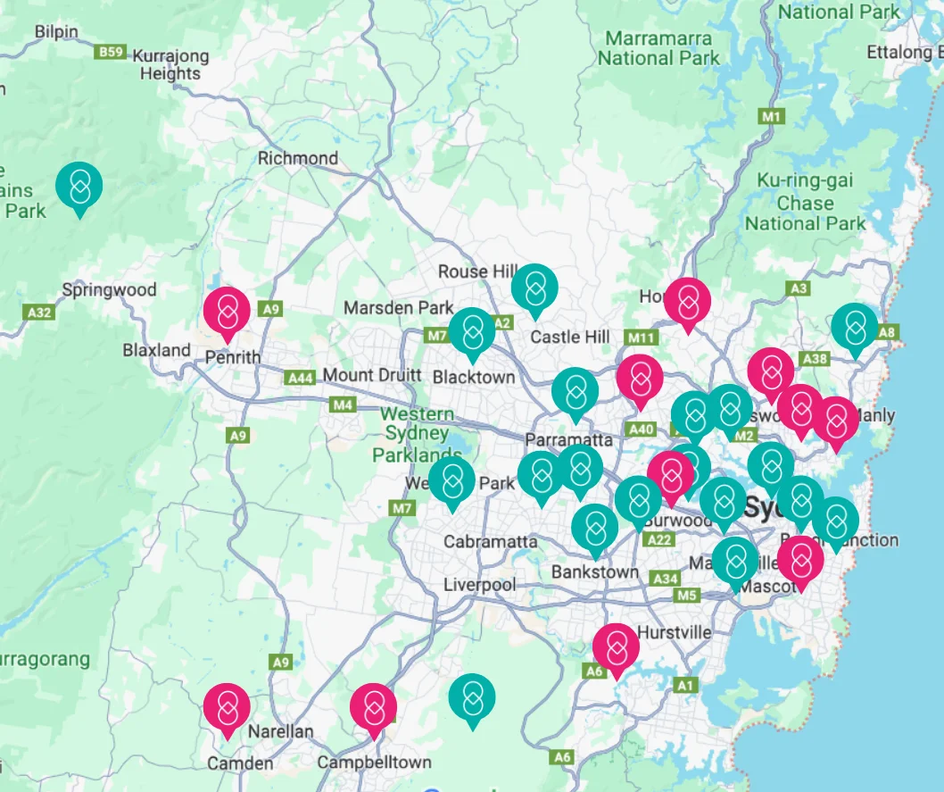 Map of Sydney with pickup location markers across the city and surrounding areas