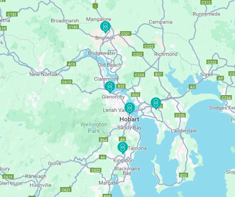 Map of Hobart, Tasmania, with pickup location markers around the city
